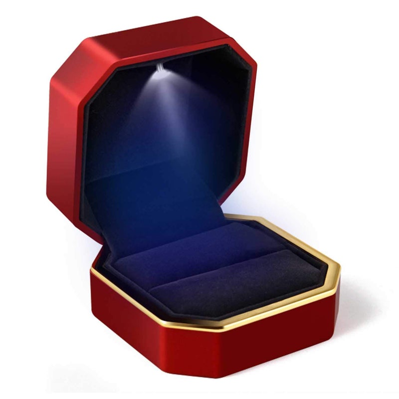 AVESON Luxury Ring Box, Square Velvet Wedding Ring Case Jewelry Gift Box with LED Light for Proposal Engagement Wedding, Red - Image 1